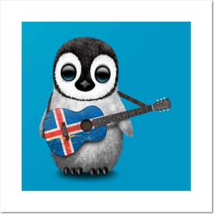 Baby Penguin Playing Icelandic Flag Guitar Posters and Art